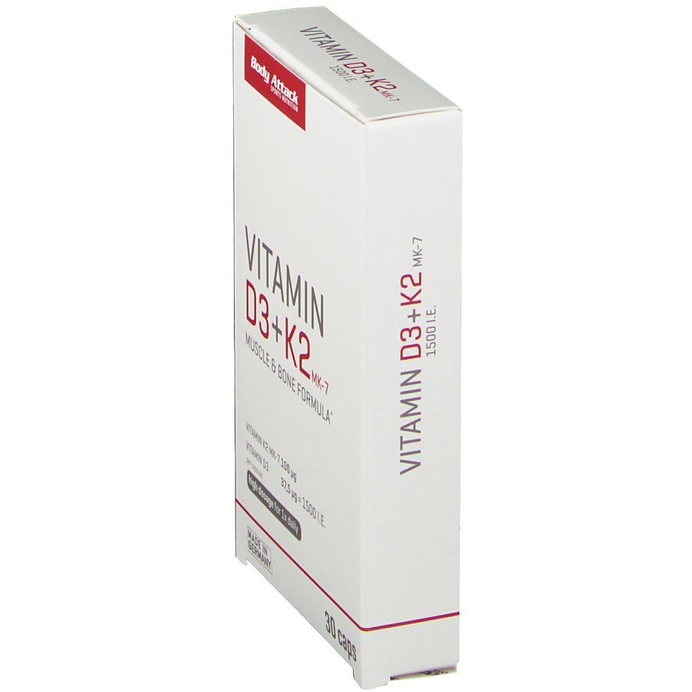 Eine Packung Body Attack Vitamin D3 + K2 MK-7, Muskel & Knochen Formel, Seitenansicht.