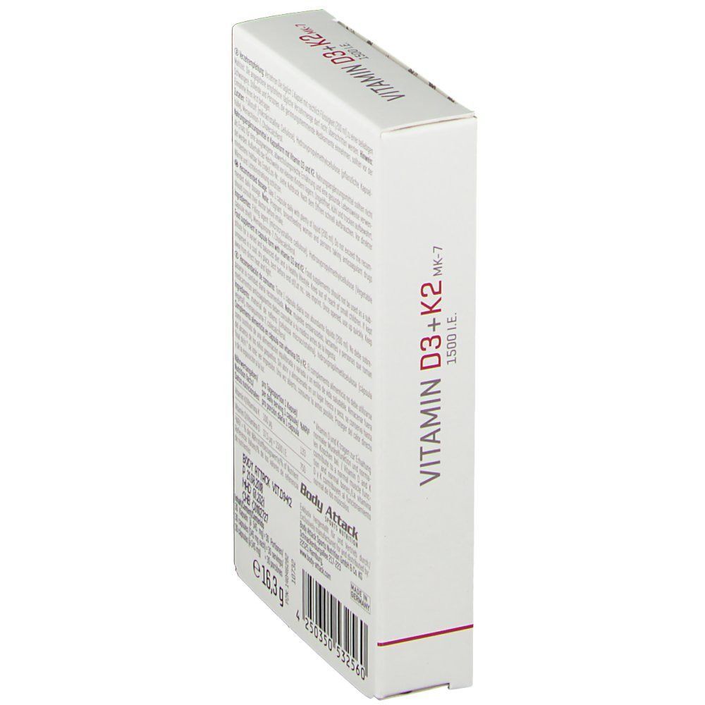 Seitenansicht einer Packung Body Attack Vitamin D3 + K2 MK-7 mit Nährwertangaben.