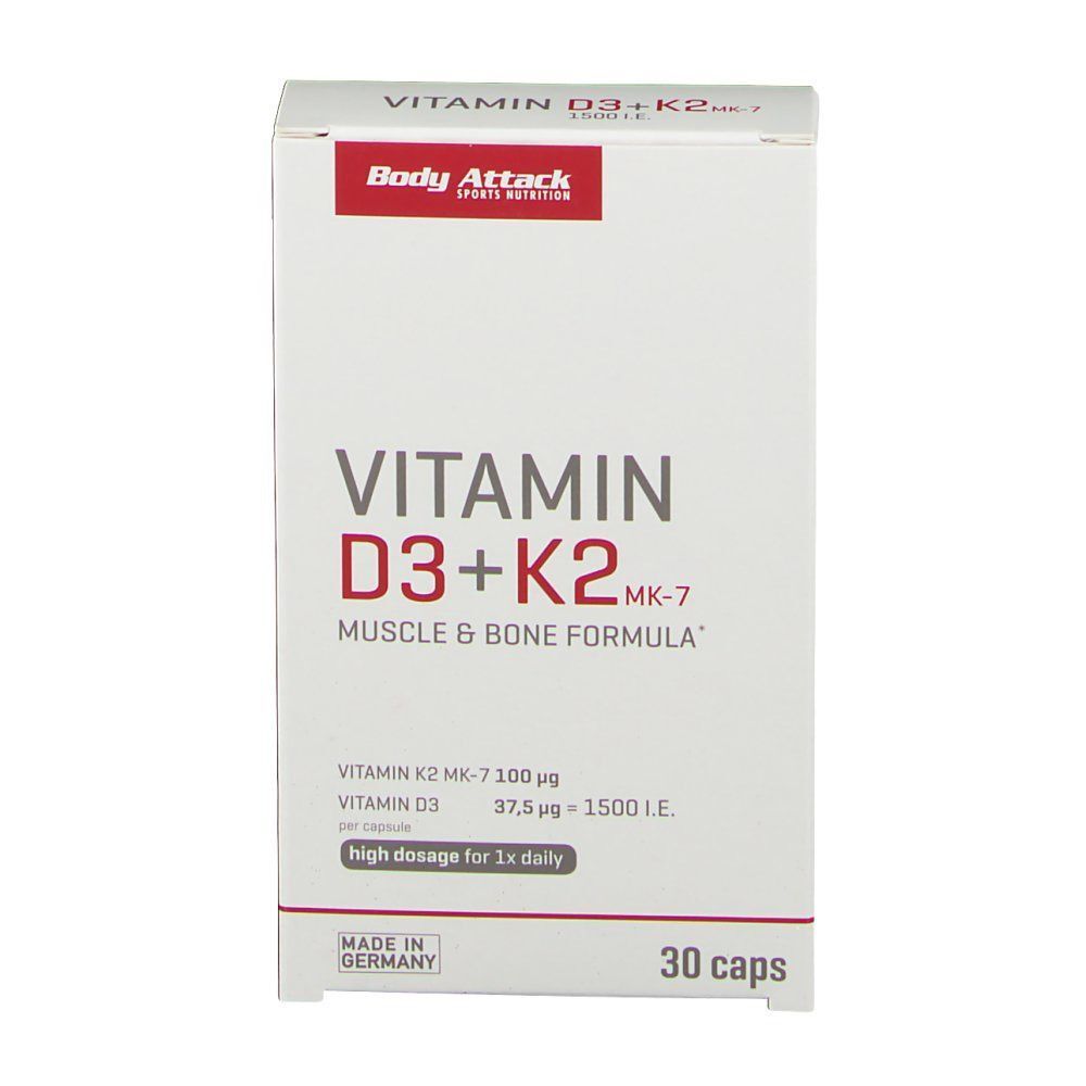 Vorderseite einer Packung Body Attack Vitamin D3 + K2 MK-7, Muskel & Knochen Formel, 30 Kapseln.