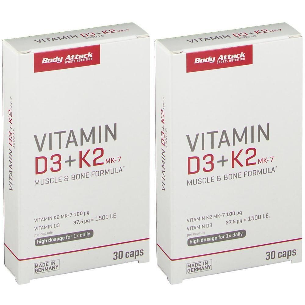 Zwei Packungen Body Attack Vitamin D3 + K2, 30 Kapseln pro Packung. Muskel- & Knochenformel.