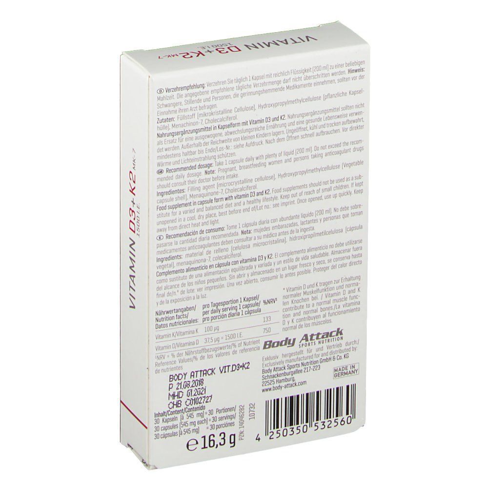 Rückseite einer Packung Body Attack Vitamin D3 + K2 mit Nährwertangaben und Anwendungshinweisen.