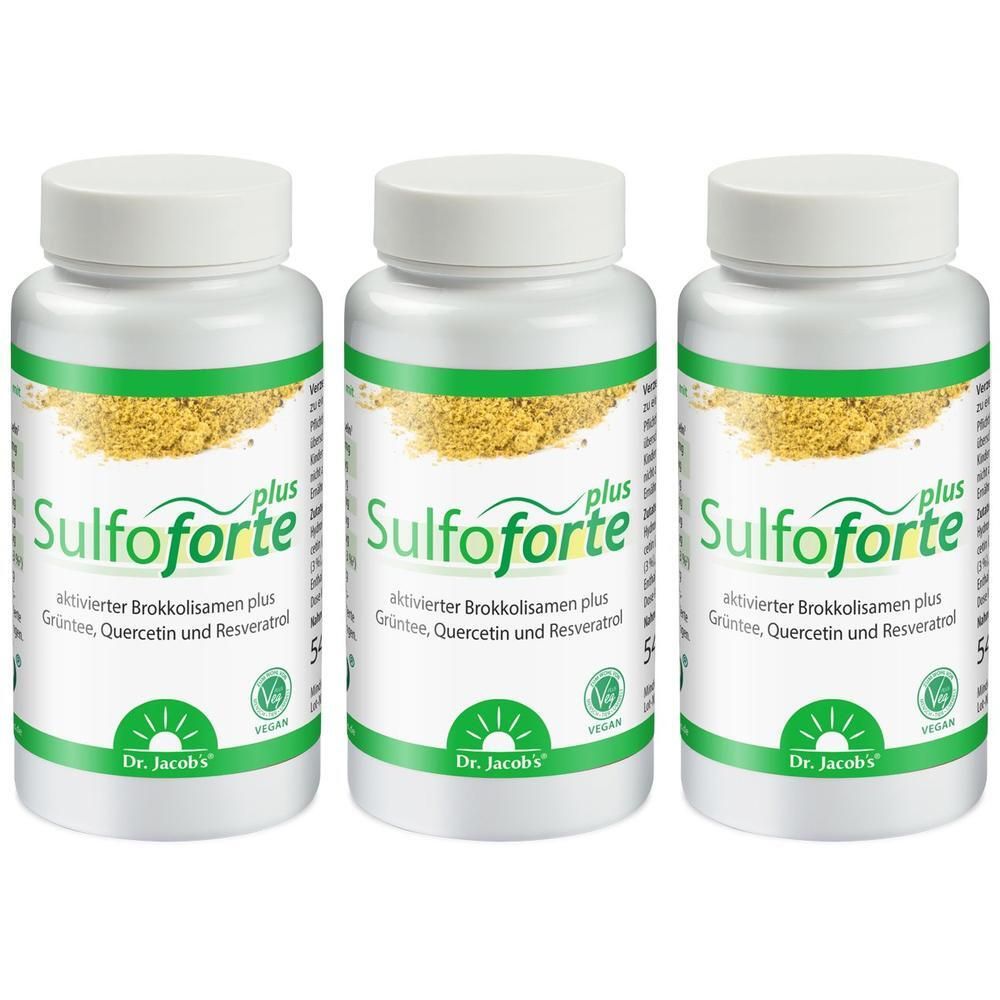 Drei Flaschen Dr. Jacob's Sulfoforte plus mit Brokkolisamen, Grüntee, Quercetin und Resveratrol.
