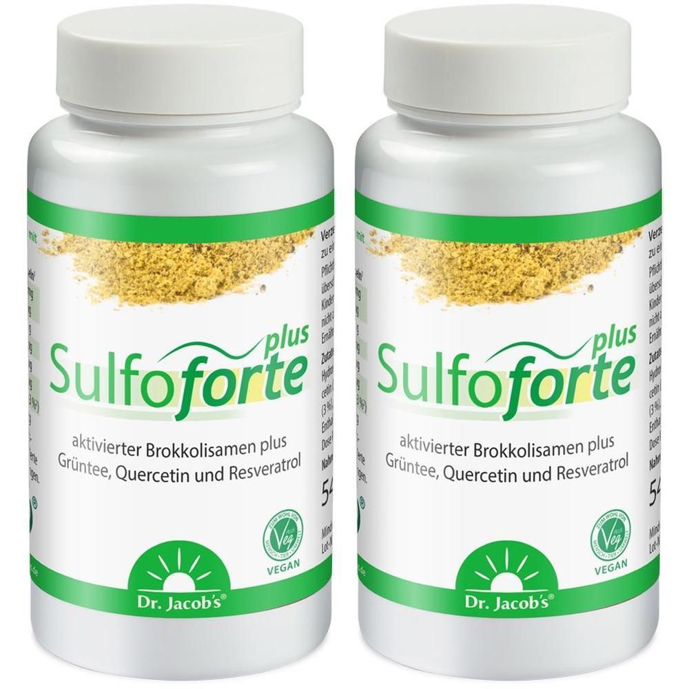 Zwei Flaschen Dr. Jacob's Sulfoforte plus mit Brokkolisamen, Grüntee, Quercetin und Resveratrol.