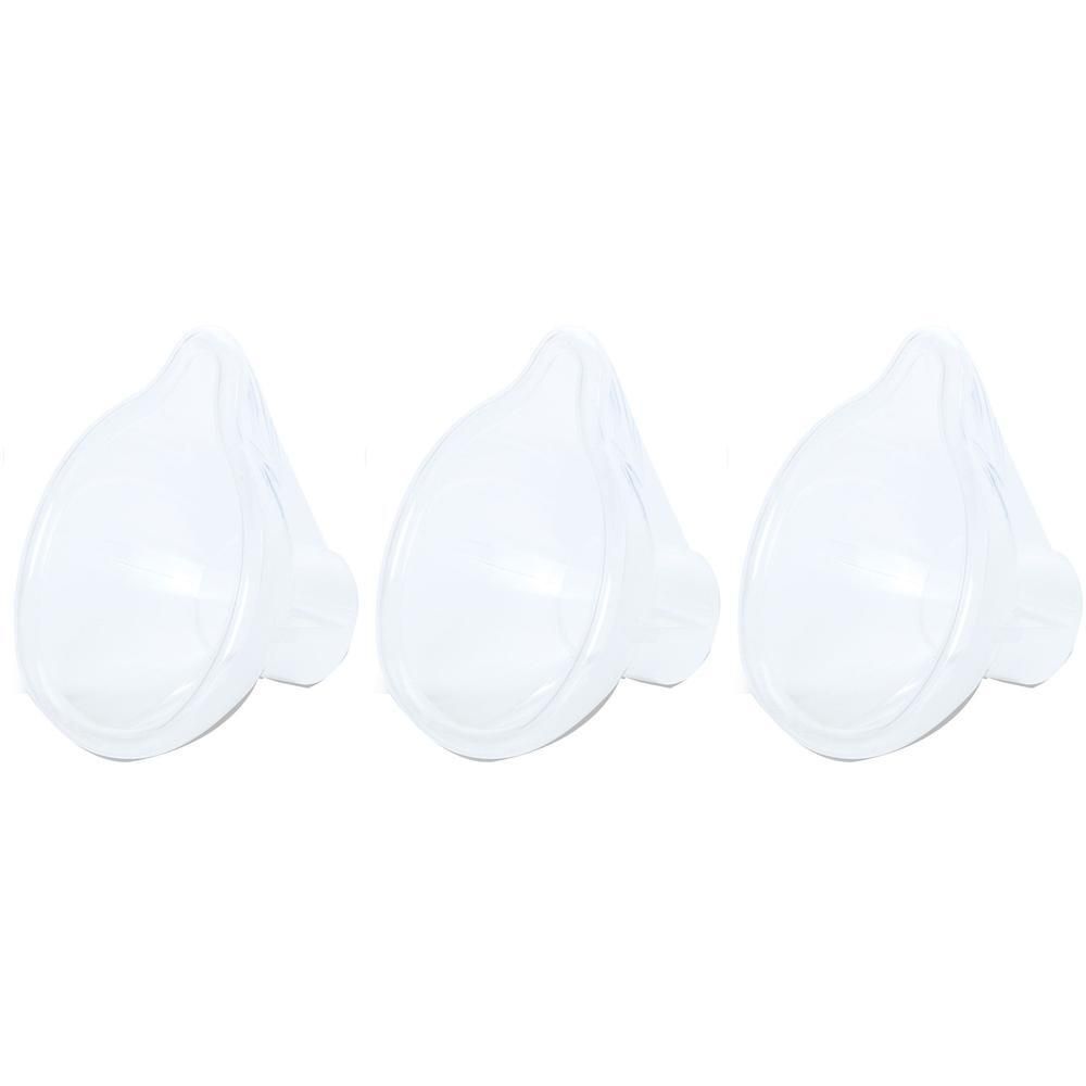 Drei transparente Babymasken mit Anschlussstutzen.