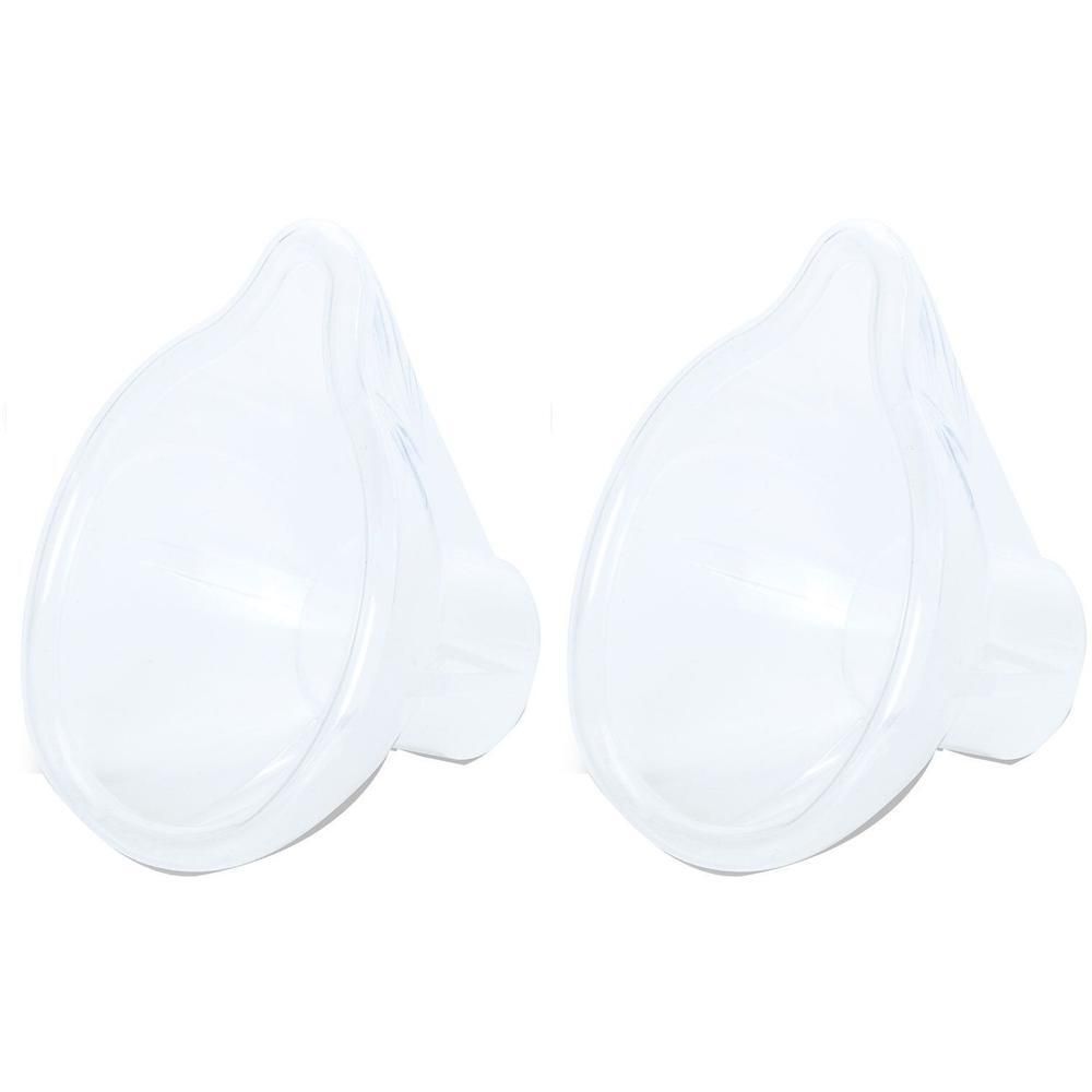 Zwei transparente, konische Maskenaufsätze aus Kunststoff für Säuglinge.