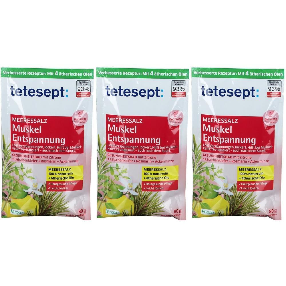 Drei Packungen tetesept Meeressalz Muskel Entspannung mit ätherischen Ölen und Zitrone.
