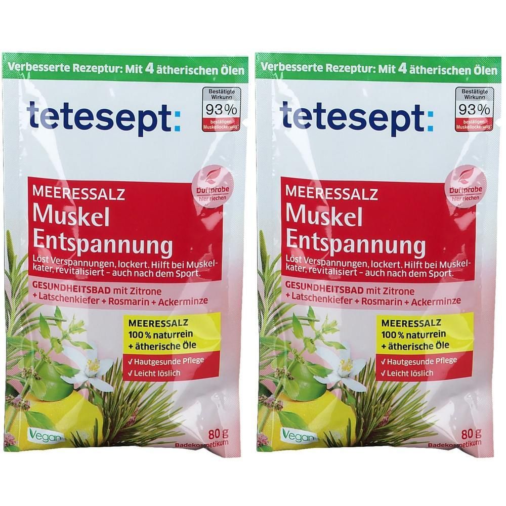 Zwei Packungen tetesept Meersalz Muskel Entspannung mit 80g Inhalt. Mit Zitronen-, Latschenkiefer-, Rosmarin- und Ackerminze-Aroma.