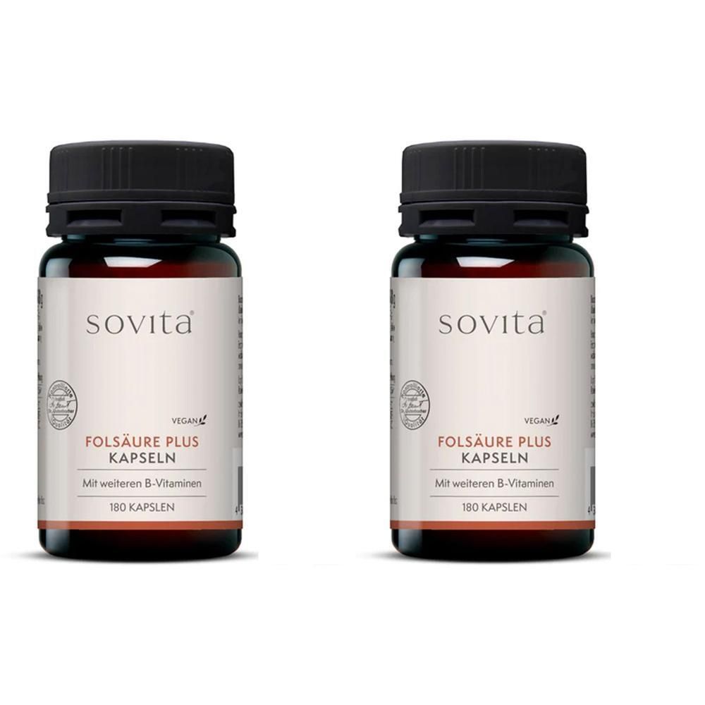 Zwei Flaschen Sovita Folsäure plus Kapseln mit schwarzen Schraubverschlüssen. Auf den Etiketten steht 'Sovita', 'Folsäure plus Kapseln' und '180 Kapseln'.