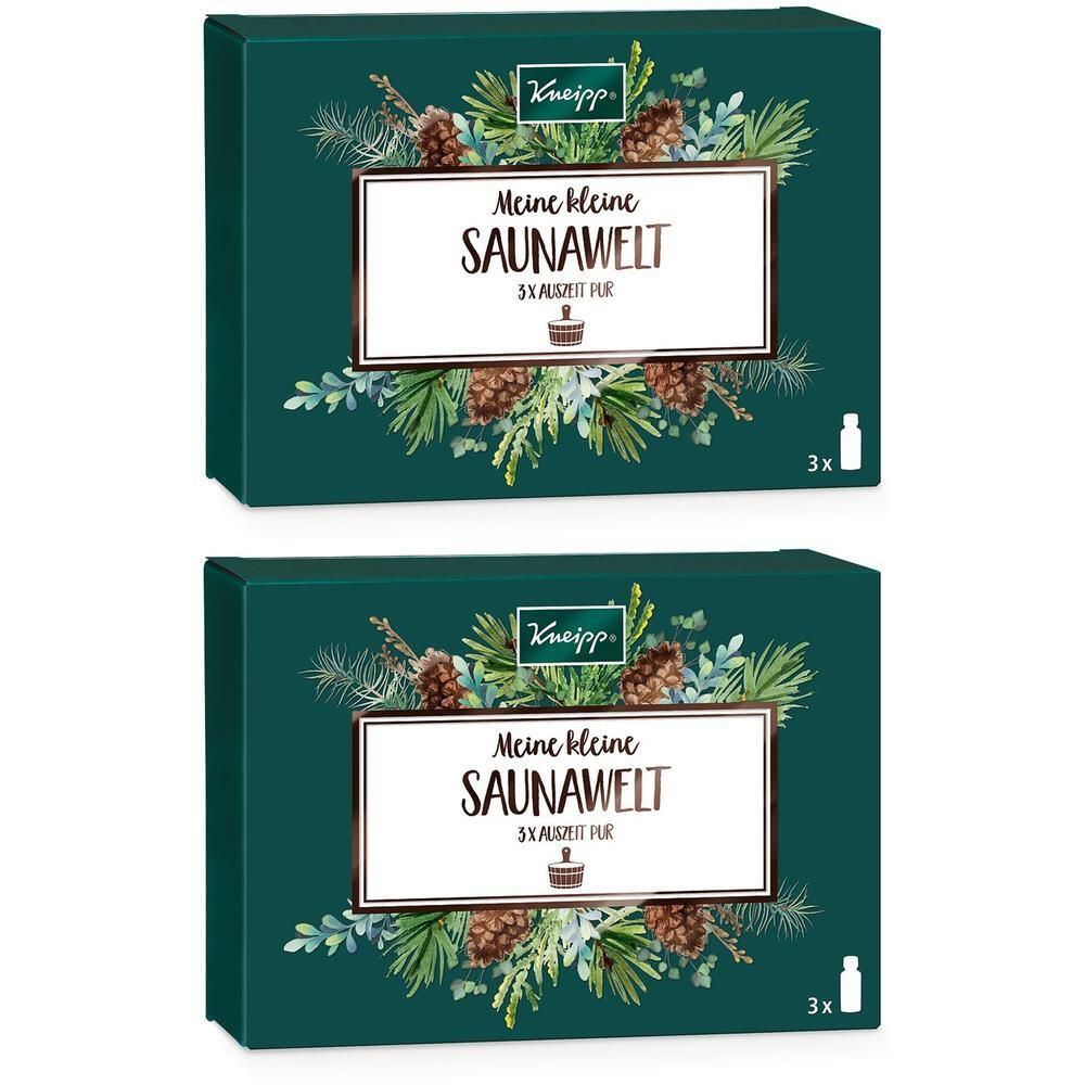 Zwei Schachteln Kneipp Meine kleine Saunawelt Geschenkset mit Tannenzweigen und Zapfen dekoriert.