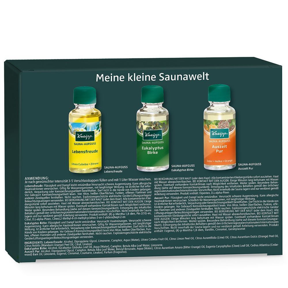 Kneipp Meine kleine Saunawelt Geschenkset mit drei kleinen Fläschchen Sauna-Aufguss: Lebensfreude, Eukalyptus Birke, Auszeit Pur.