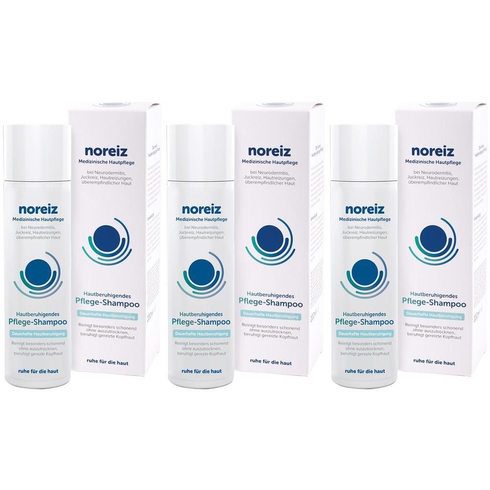 Drei Flaschen noreiz Hautberuhigendes Pflege-Shampoo mit Schachteln. Medizinische Hautpflege.
