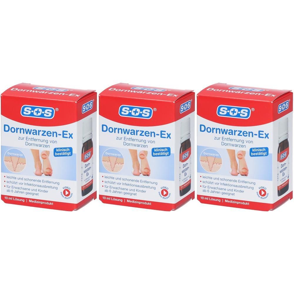 Drei Schachteln SOS Dornwarzen-Ex, medizinische Lösung zur Entfernung von Dornwarzen.