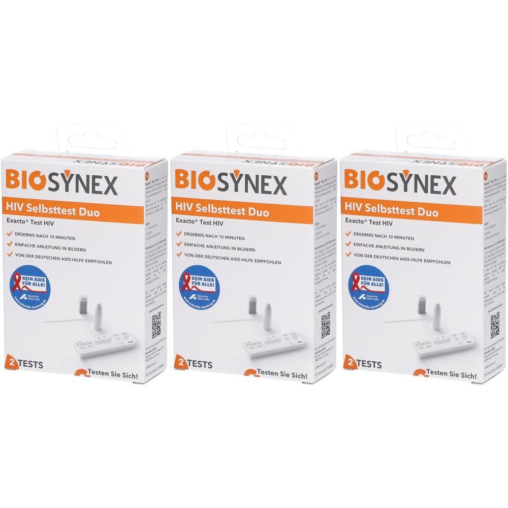 Drei Packungen BIOSYNEX HIV Selbsttest Duo mit Exacto® Test HIV. Jede Packung enthält 2 Tests.