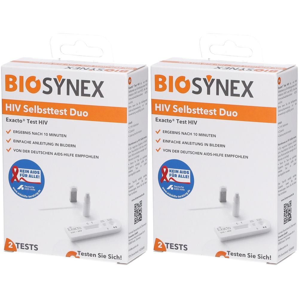Zwei Packungen BIOSYNEX HIV Selbsttest Duo mit jeweils 2 Tests. Enthält Testkassetten und Pipetten.