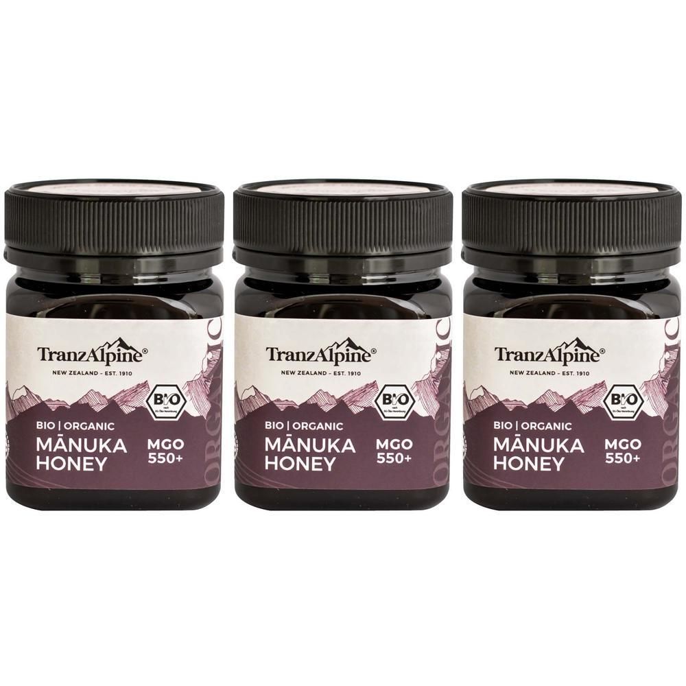 Drei Gläser Bio Manuka Honig MGO 550+ von TranzAlpine.