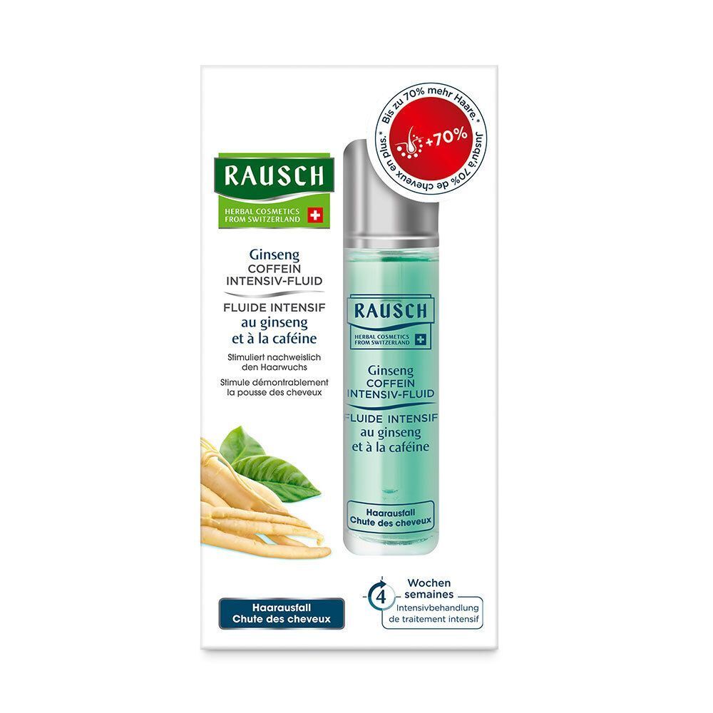 Verpackung mit einer Flasche RAUSCH Ginseng Coffein Intensiv-Fluid, Ginsengwurzeln und Hinweisen zur Anwendung.