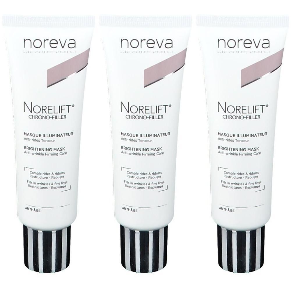 Drei weiße Tuben Norelift Chrono-Filler Maske mit schwarzem und weißem Streifenmuster am Boden.