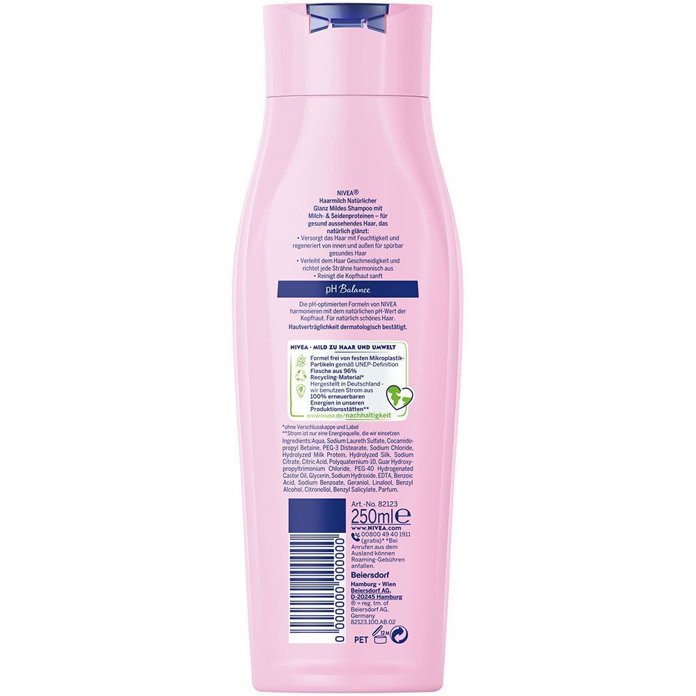 Rückseite einer NIVEA Haarmilch Pflegeshampoo Flasche, rosa, mit blauer Kappe. Enthält 250ml.