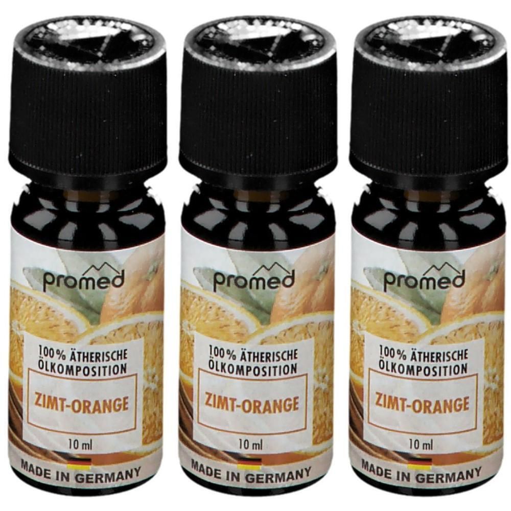Drei kleine braune Glasflaschen mit schwarzen Deckeln, gefüllt mit Zimt-Orange Duftöl.
