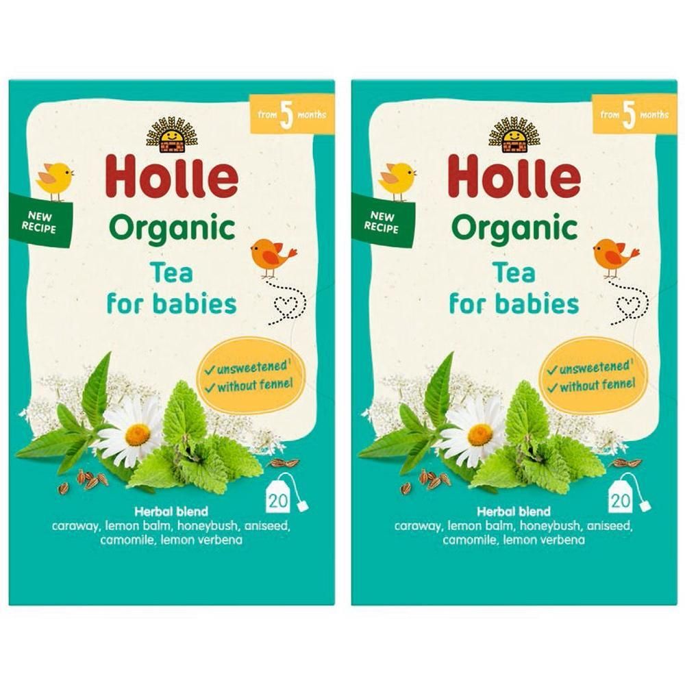 Zwei Packungen Holle Bio Kinder-Tee mit Kräutermischung, Kamille und Melisse.