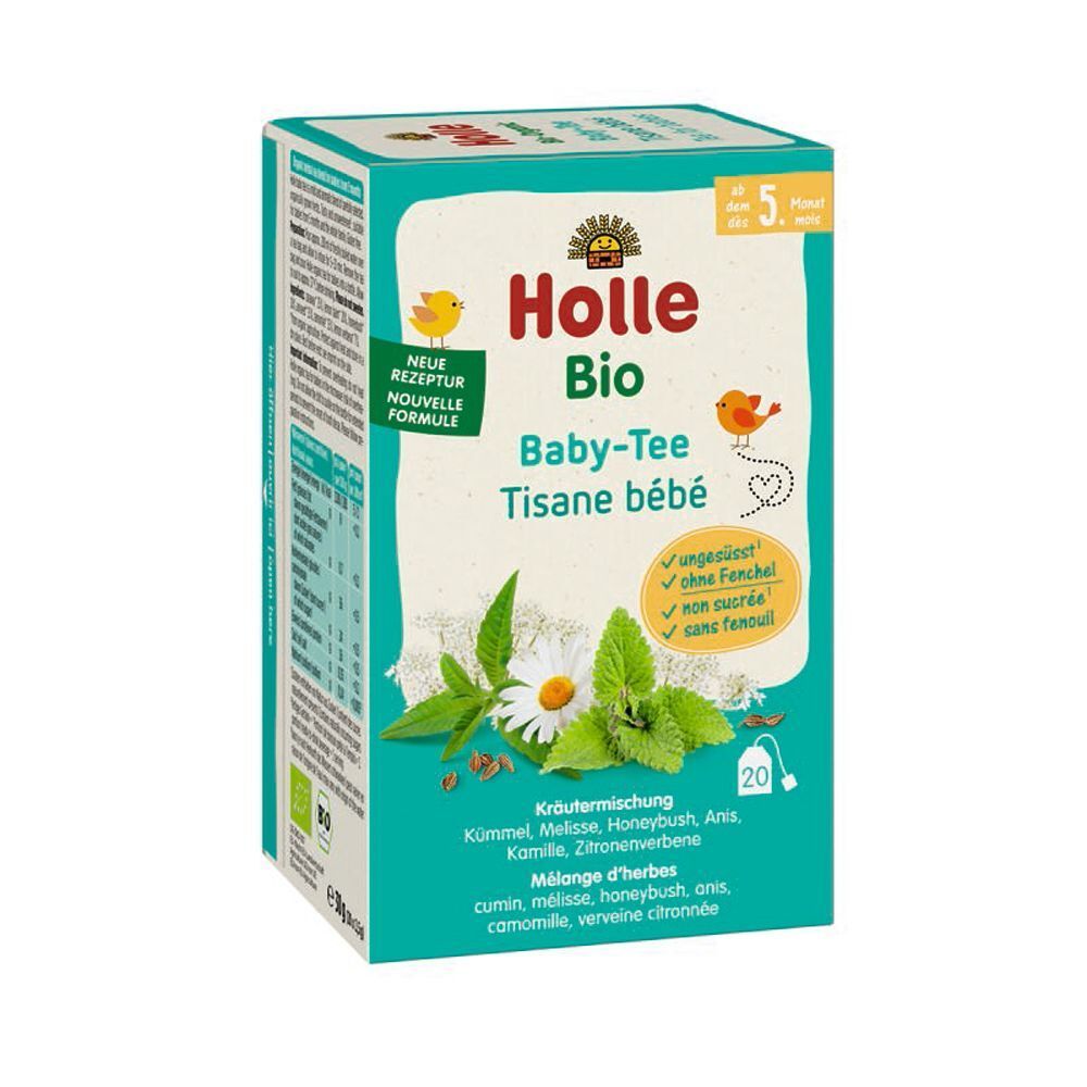 Packung Holle Bio Baby-Tee mit Kräutermischung, Kamille und Melisse. Neue Rezeptur.