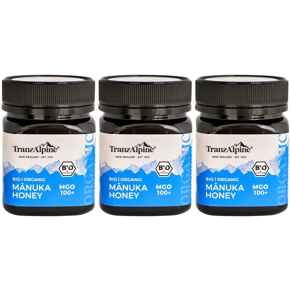 Drei Gläser Bio Manuka Honig MGO 100+ von TranzAlpine.
