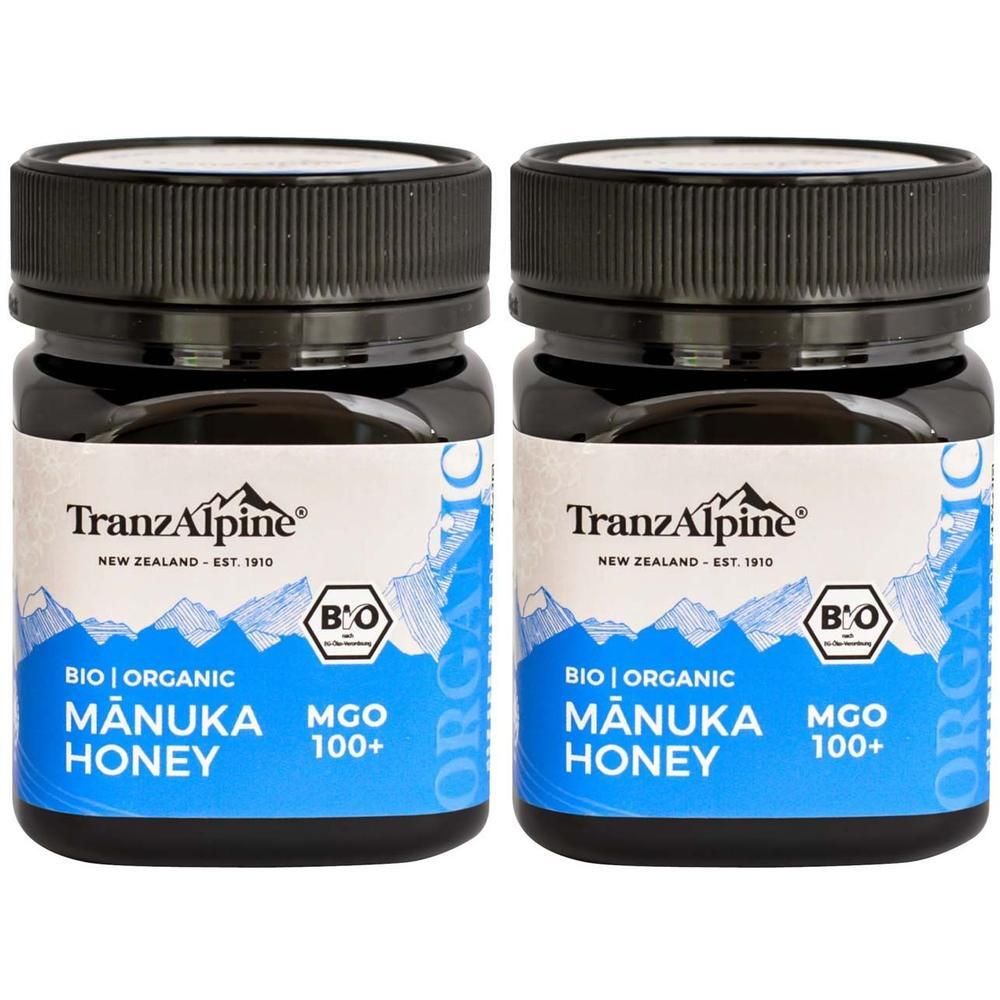 Zwei Gläser Bio Manuka Honig MGO 100+ von TranzAlpine aus Neuseeland.