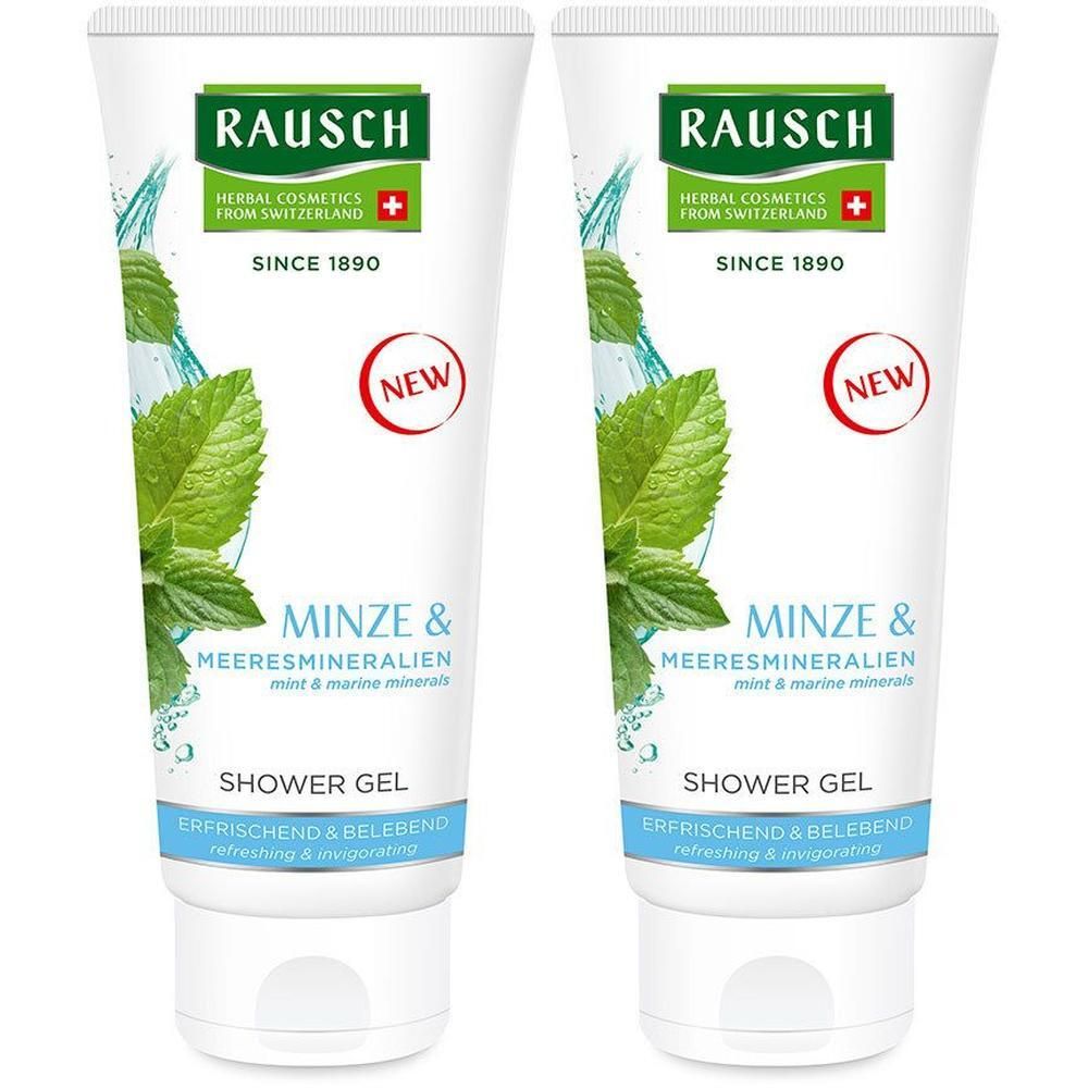 Zwei RAUSCH Minze & Meeresmineralien Duschgel-Flaschen mit Minzblättern und Wasser-Elementen.