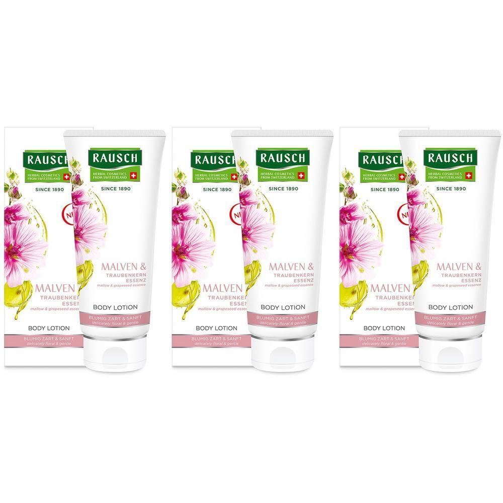 Drei Tuben RAUSCH Malven & Traubenkern Essenz Body Lotion mit Blütenabbildung.