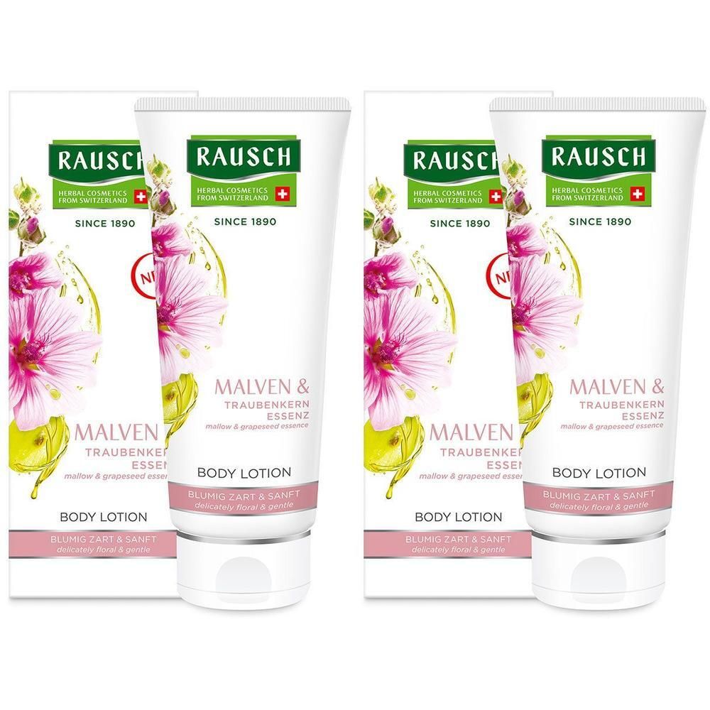 Zwei Tuben RAUSCH Malven & Traubenkern Essenz Body Lotion mit Blütenmotiv.