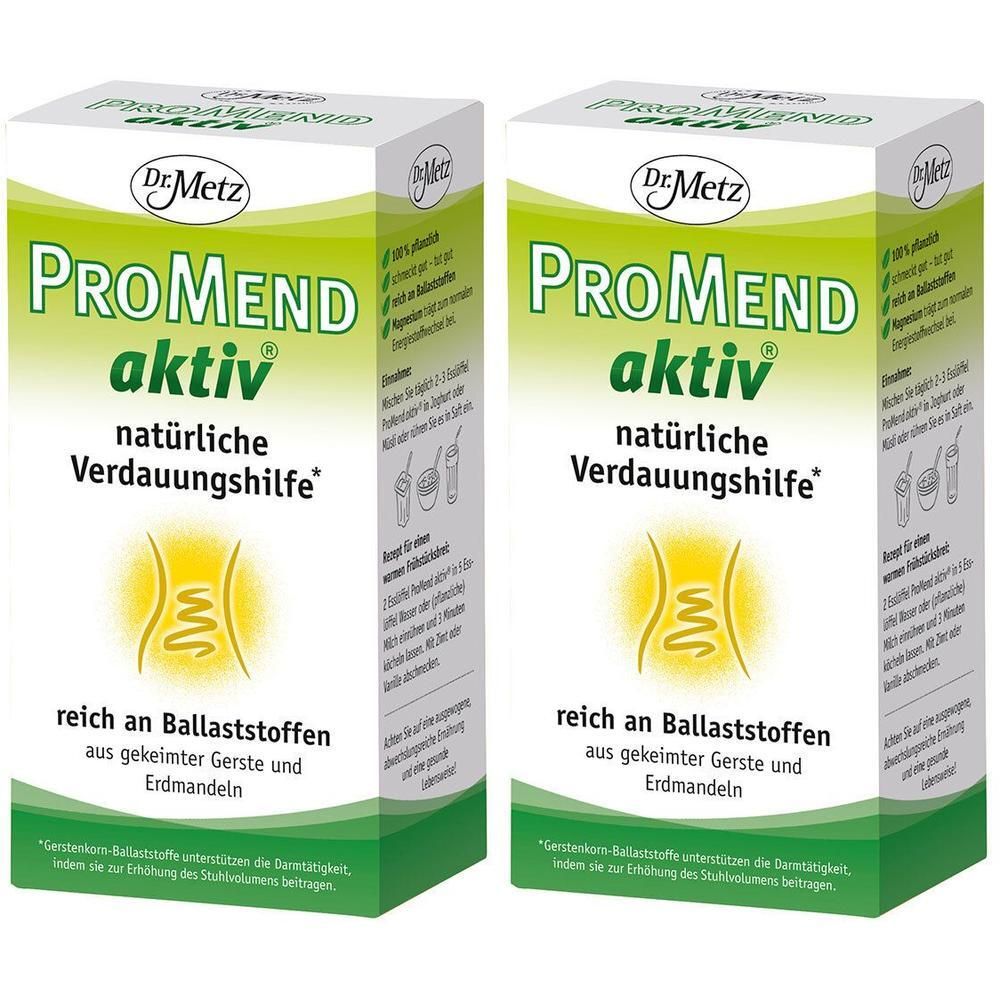 Zwei Packungen ProMend aktiv natürliche Verdauungshilfe, reich an Ballaststoffen.