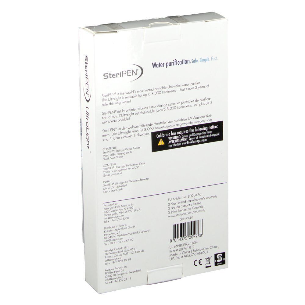 Rückseite der SteriPen UltraLight UV-Wasserentkeimer-Verpackung mit Details.