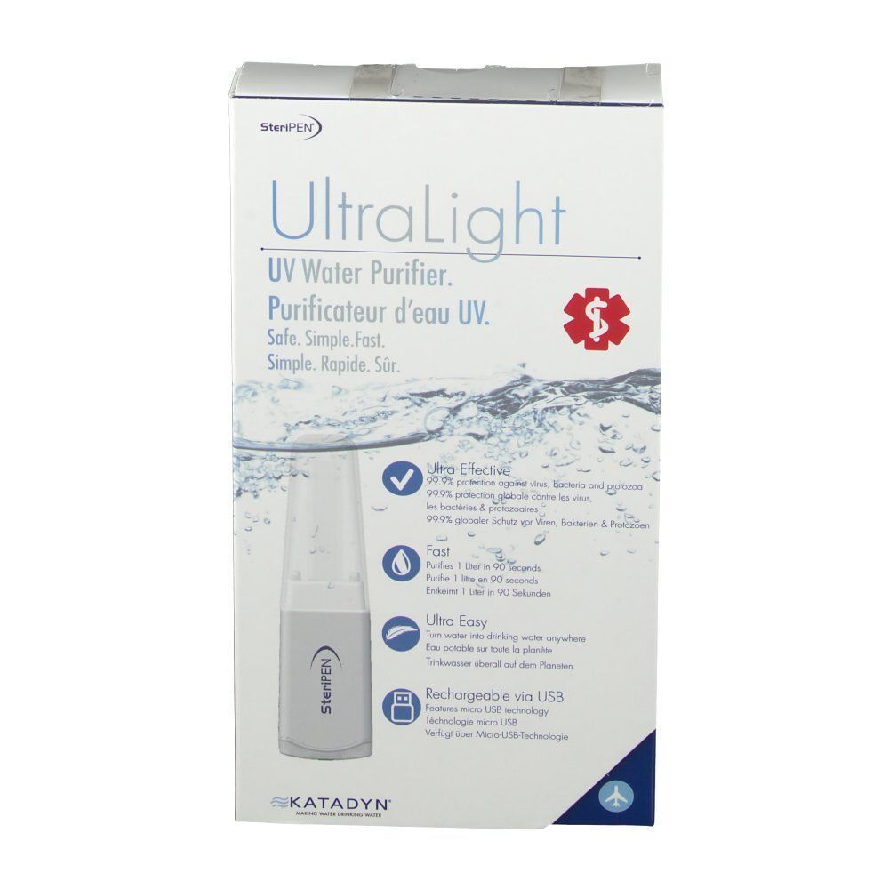 Vorderseite der SteriPen UltraLight UV-Wasserentkeimer-Verpackung, Katadyn.