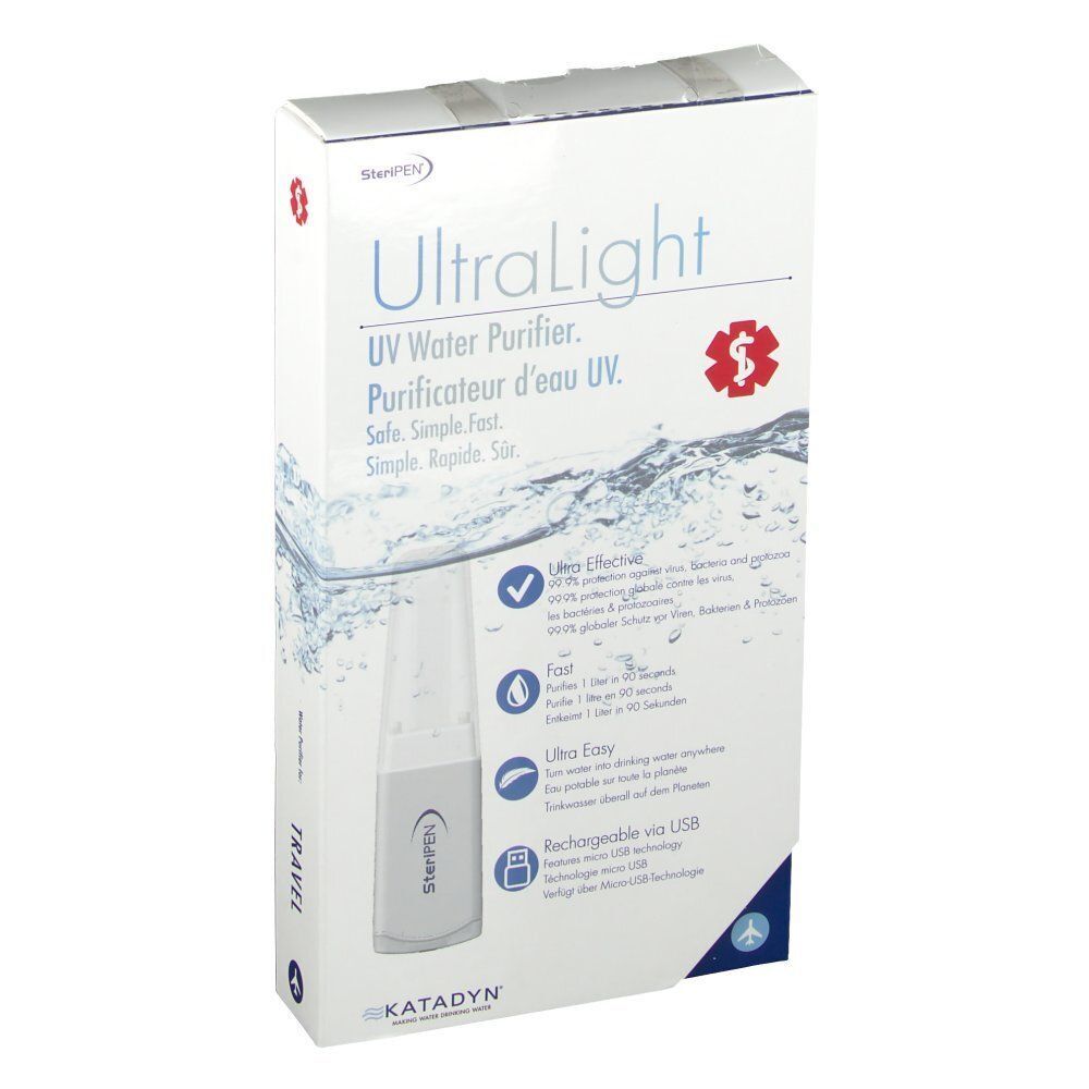 Verpackung des SteriPEN UltraLight UV-Wasserentkeimers mit Produktabbildung und Merkmalen.