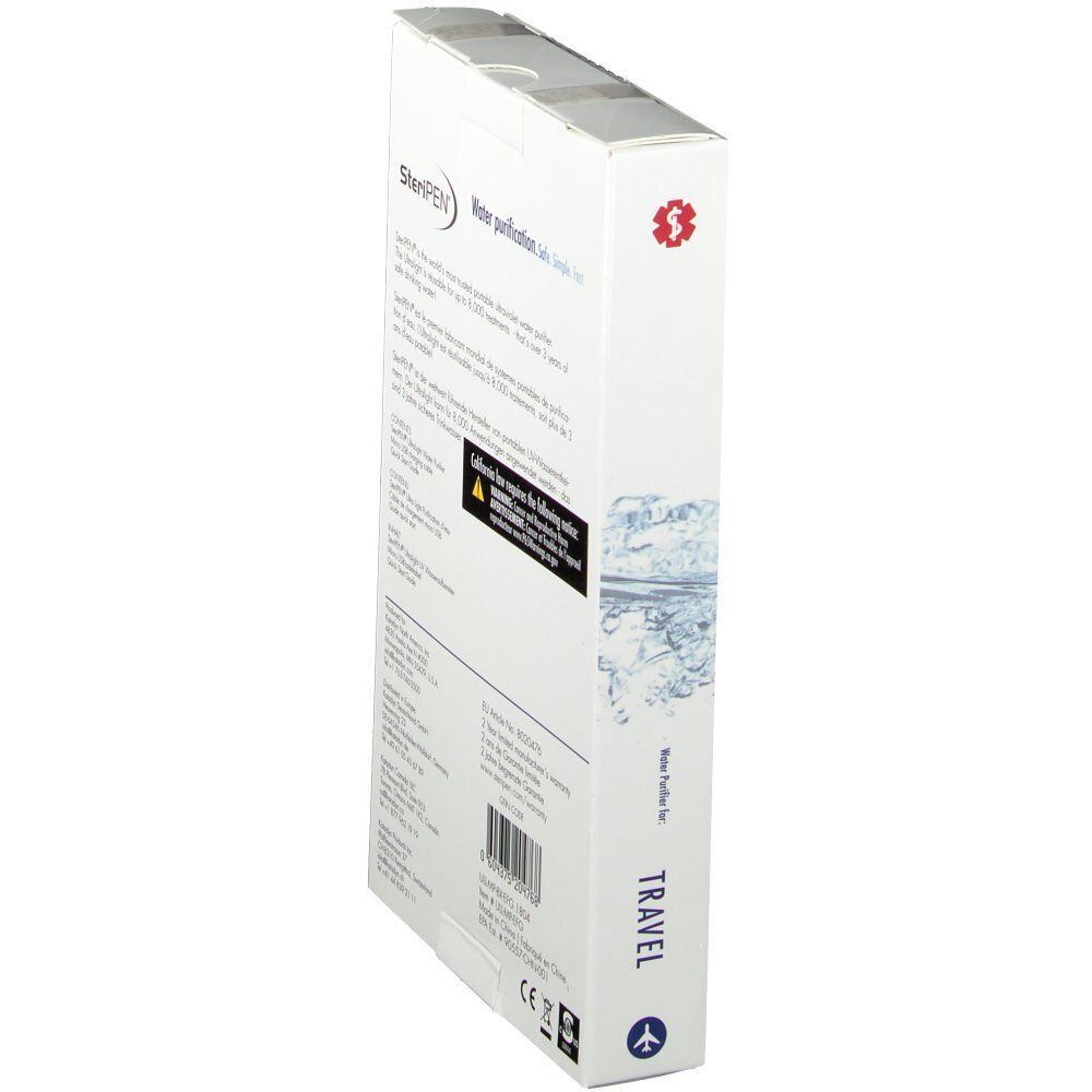 Seitenansicht der SteriPEN UltraLight UV-Wasserentkeimer-Verpackung mit Reisehinweis.