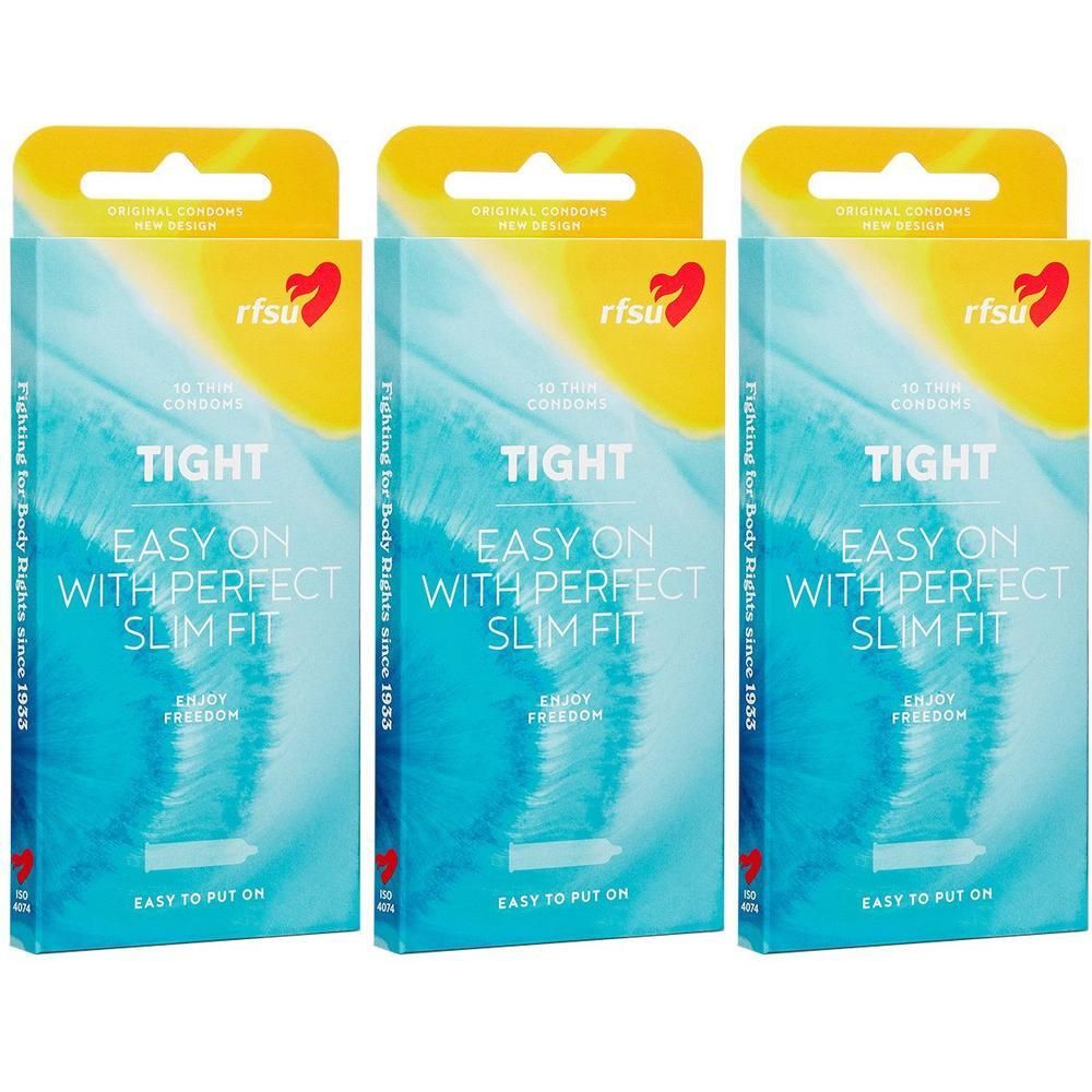 Drei Packungen RFSU Tight Kondome mit Aufdruck 'Easy On With Perfect Slim Fit'.