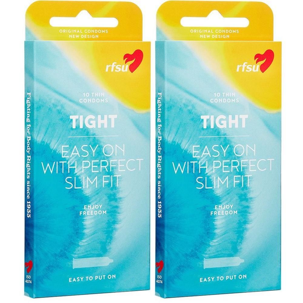 Zwei Packungen rfsu Kondome TIGHT, 10 dünne Kondome pro Packung. Einfach anzubringen, schlanke Passform.