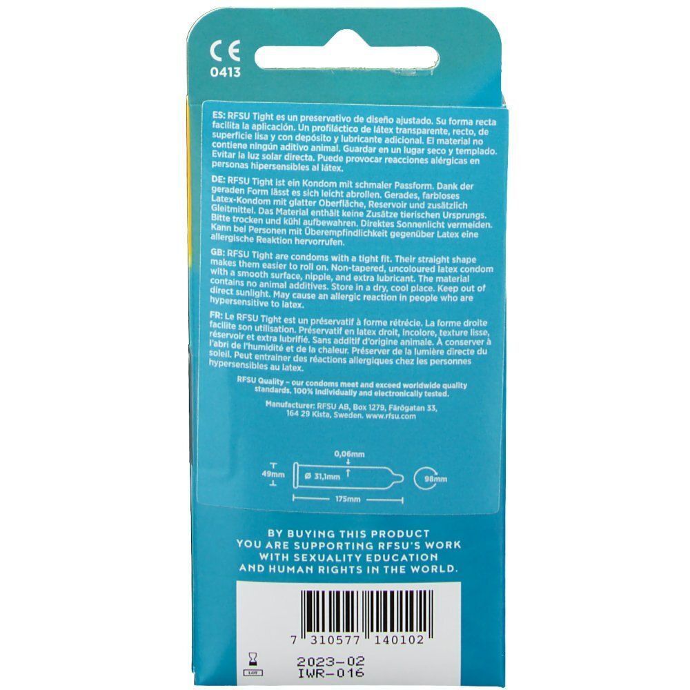 Rückseite einer Packung rfsu Kondome TIGHT. Enthält CE-Kennzeichnung und Produktinformationen in mehreren Sprachen.