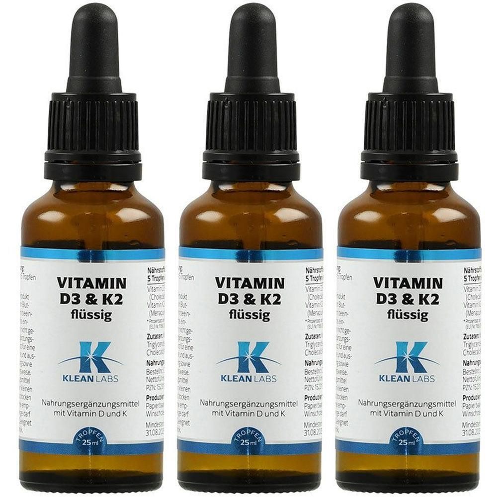 Drei braune Glasflaschen mit Pipettenverschluss, gefüllt mit Vitamin D3 & K2 flüssig.