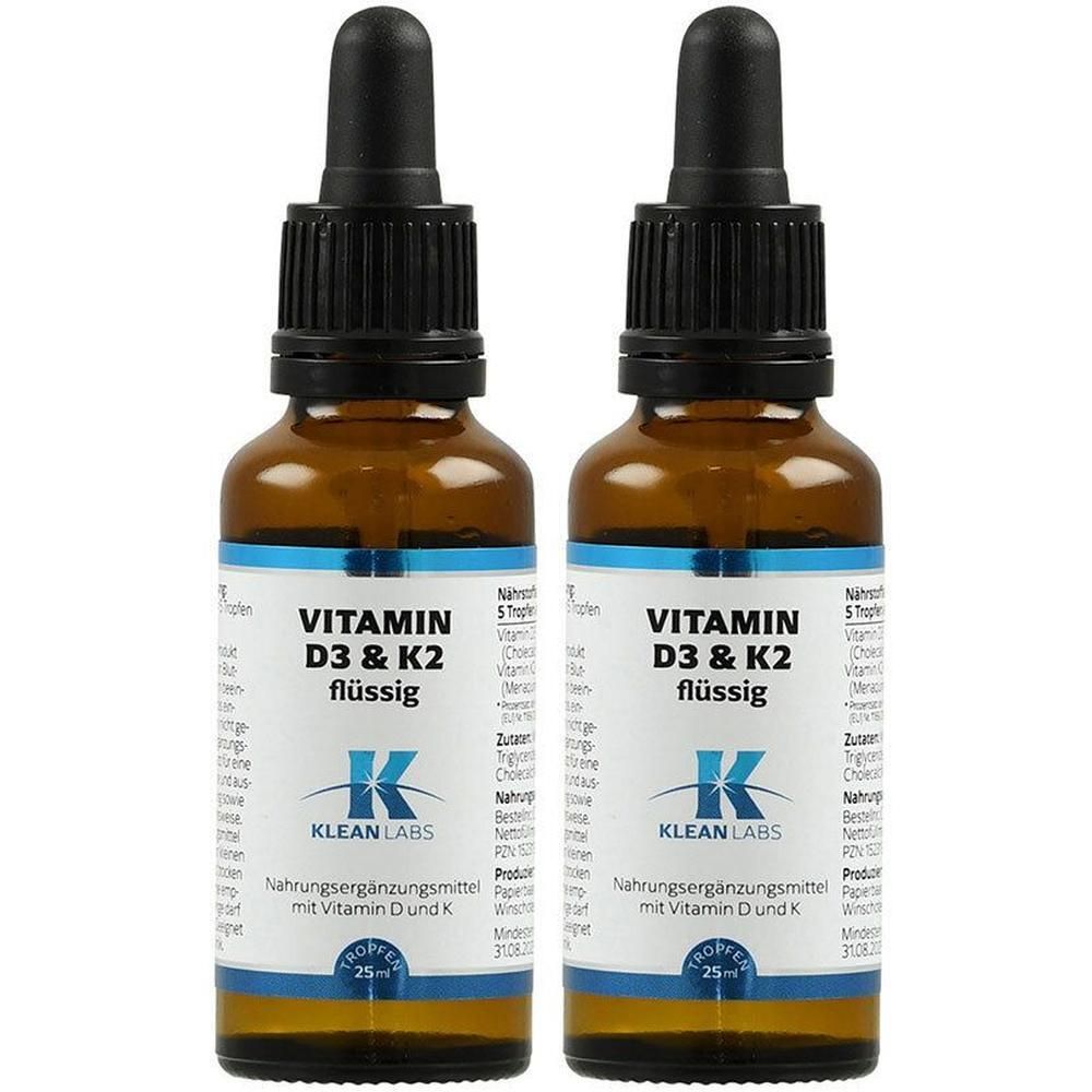Zwei braune Glasflaschen mit Tropferaufsatz, gefüllt mit flüssigem Vitamin D3 & K2 von Klean Labs.