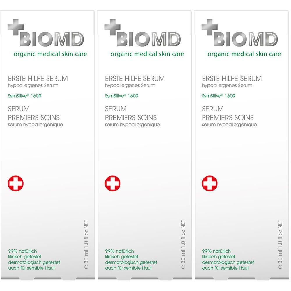 Drei Packungen BIOMD Erste Hilfe hypoallergenes Serum, je 30 ml.