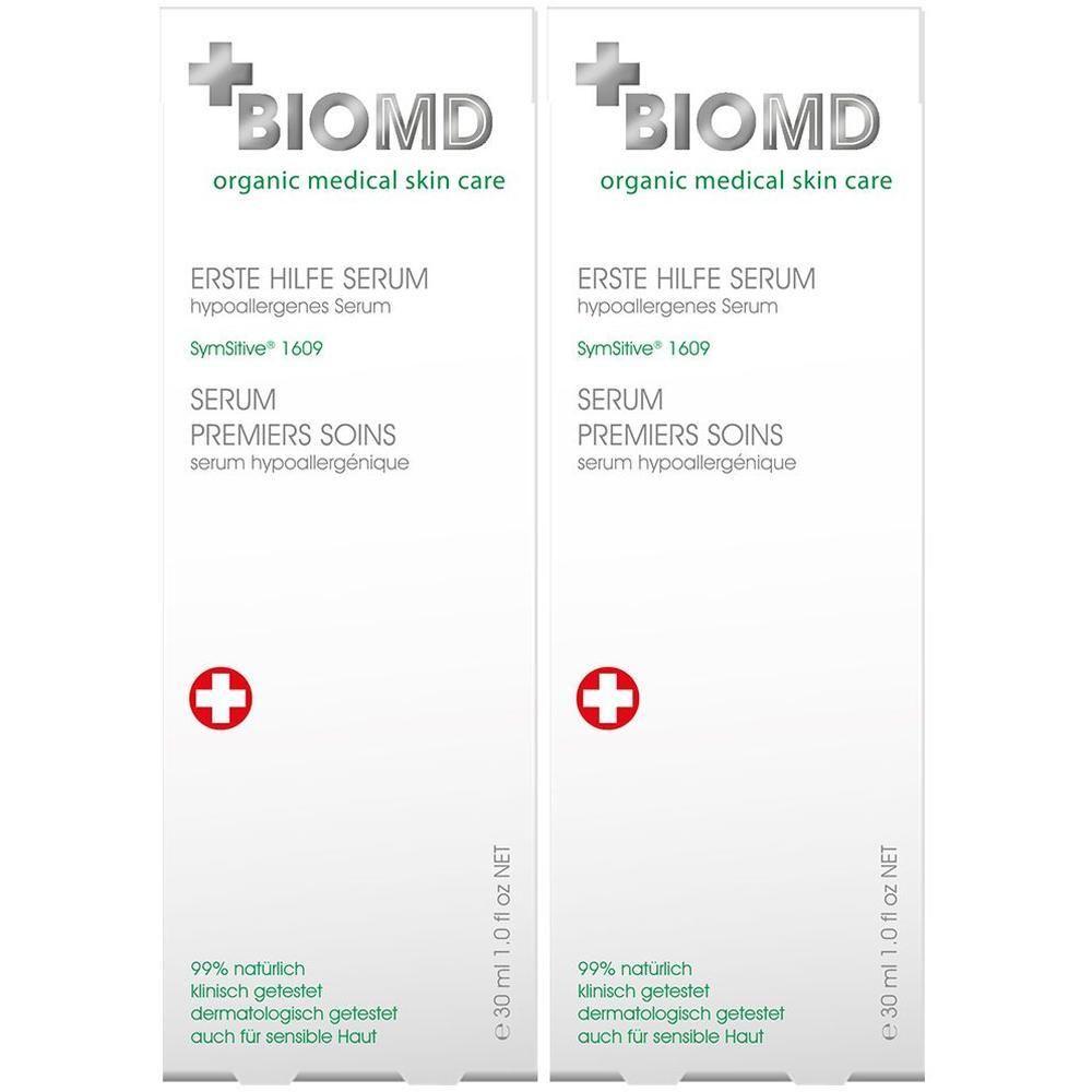 Zwei Packungen BIOMD Erste Hilfe Serum, hypoallergen. Mit rotem Kreuz und Text.