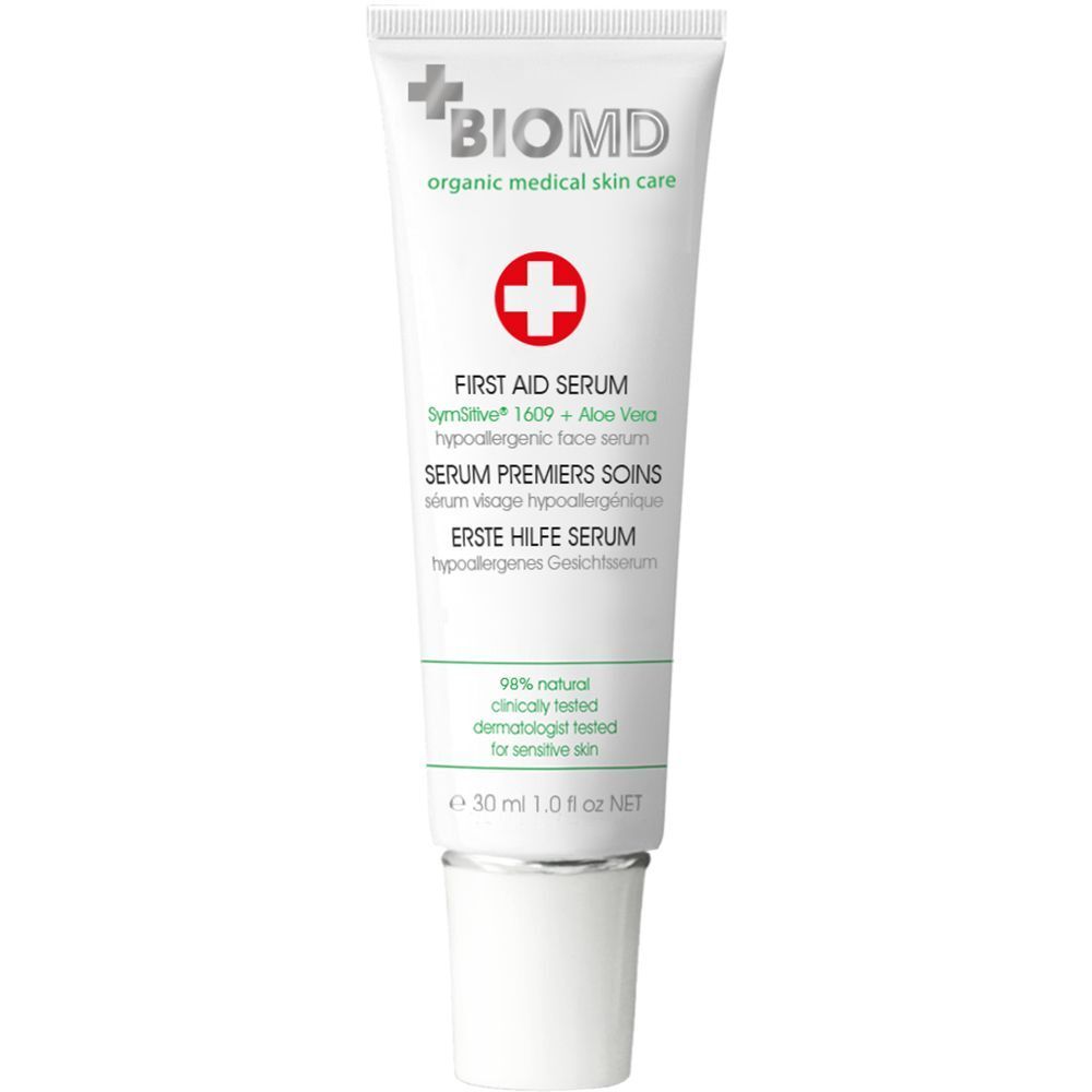 BIOMD Erste Hilfe Serum Tube, hypoallergen. Mit rotem Kreuz, Text und 30 ml Angabe.