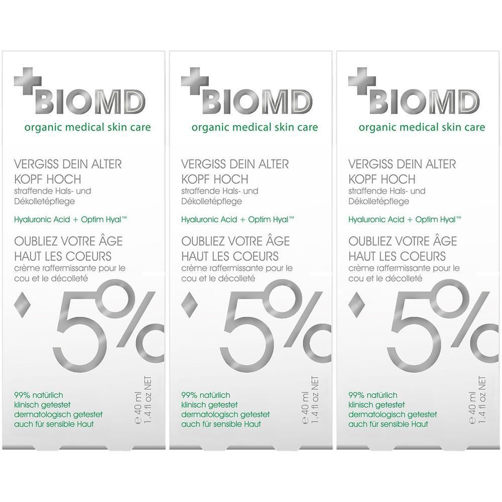 Drei Tuben BIOMD "Vergiss dein Alter Kopf hoch" straffende Hals- und Dekolletépflege mit 5% Hyaluronsäure.