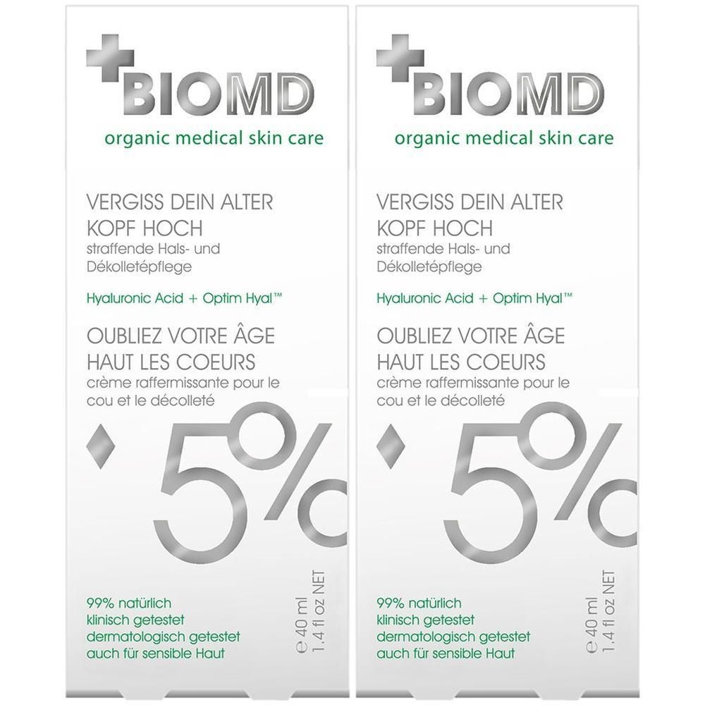 Zwei BIOMD Vergiss dein Alter Kopf hoch Cremetuben, 5% Hyaluronsäure, 40 ml.