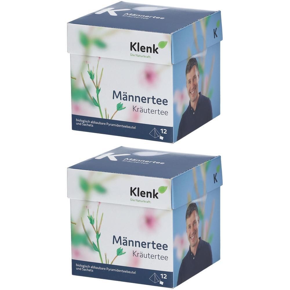 Zwei Packungen Klenk Männertee Kräutertee, 12 Pyramidenbeutel pro Packung.
