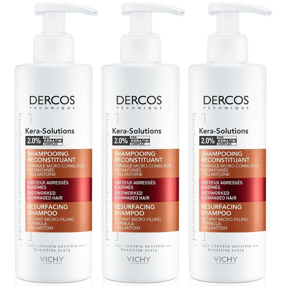 Drei Flaschen Vichy Dercos Kera-Solutions Shampoo mit Pumpspendern.