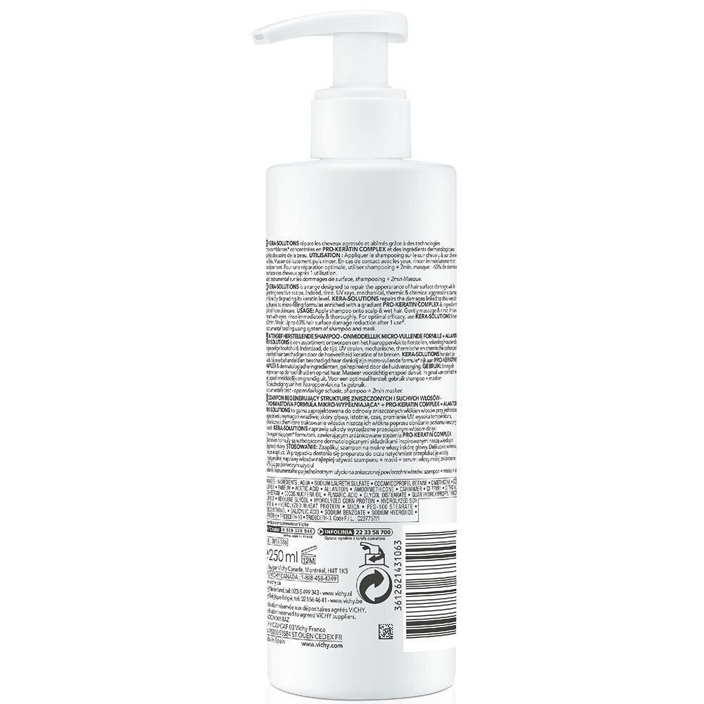 Rückseite einer Flasche Vichy Dercos Kera-Solutions Shampoo mit Anwendungshinweisen.