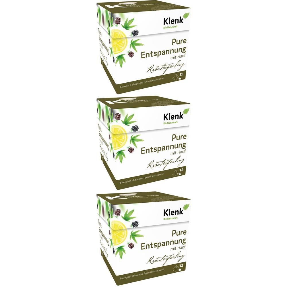 Drei Packungen Klenk Pure Entspannung mit Hanf Kräutertee. Jede Packung enthält 12 Beutel.