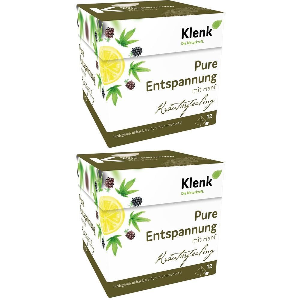 Zwei Packungen Klenk Pure Entspannung mit Hanf Kräutertee. Mit Zitrone, Brombeeren und Hanfblättern.